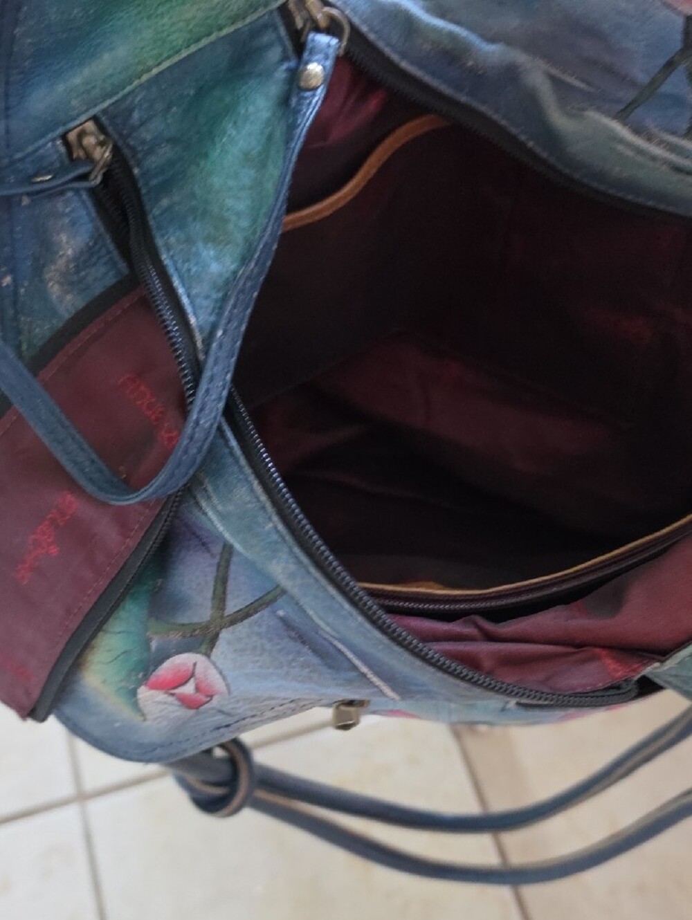 Hand-Painted Blue Floral Lotus Shoulder Bag.KOI FISH - Picture 6 of 13